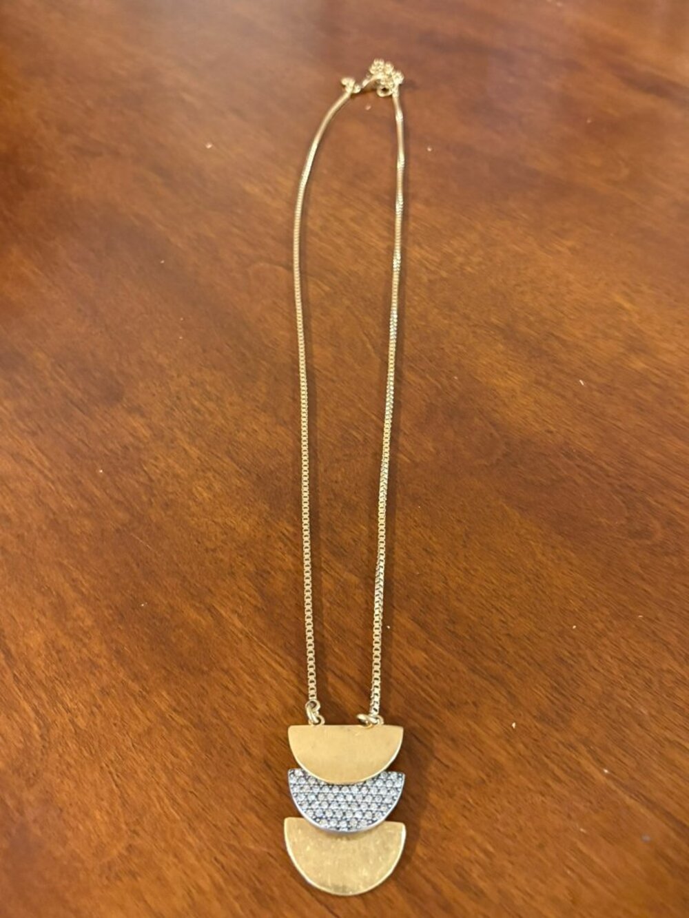 J. Crew Half Circle Gold Silver and Pave Rhinestone Pendant Long Necklace